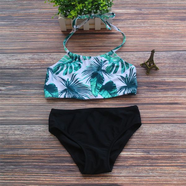 

green split leaf print children's bikini swimsuit, White;black