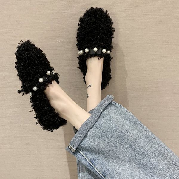 

plush winter women shoes woman warm fur flats pearl loafers slip on shallow round toe moccasins footwear fur cotton casual shoes, Black