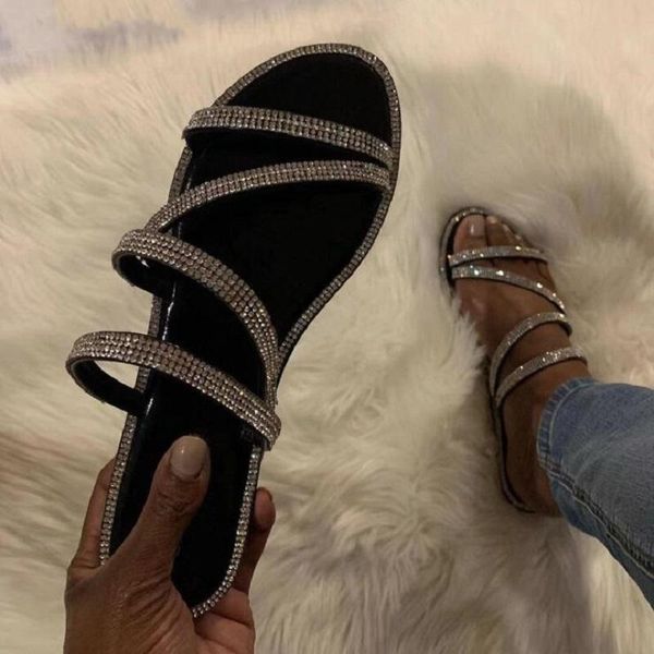 

women sandals rhinestones flip flop 2021 fashion wild outdoor travel bright diamond ladies beach slippers big size, Black