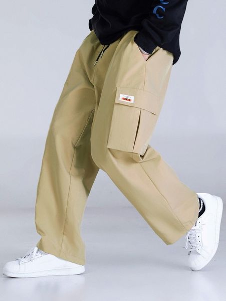 

men slogan patched detail flap pocket side drawstring waist pants h58x#, Black