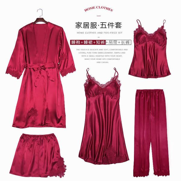 

women's sleepwear pajamas with chest pad female spring and summer simulation silk five-piece shorts nightdress nightgown, Black;red