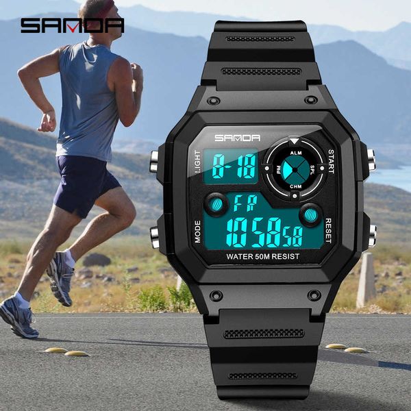 Sanda мода спортивные часы мужчины роскошь 50 м водонепроницаемый военный шоки Дисплей часы мужские часы современный цифровой Relgio Masculino G1022