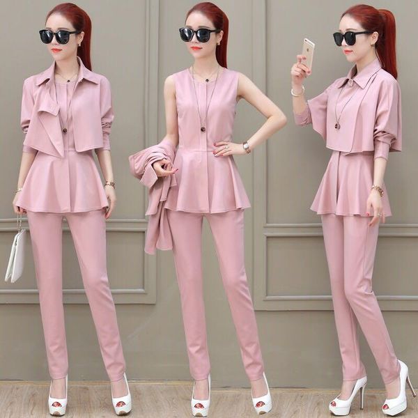 

women spring summer casual solid suit lady short sleeve coat + ruffles harem pant set female elagent 3 piece h813 women's two pants, White