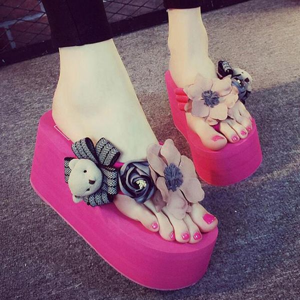

slippers summer women fashion flip flops beach platform sandals ladies handmade flowers wedge jelly shoes b70, Black