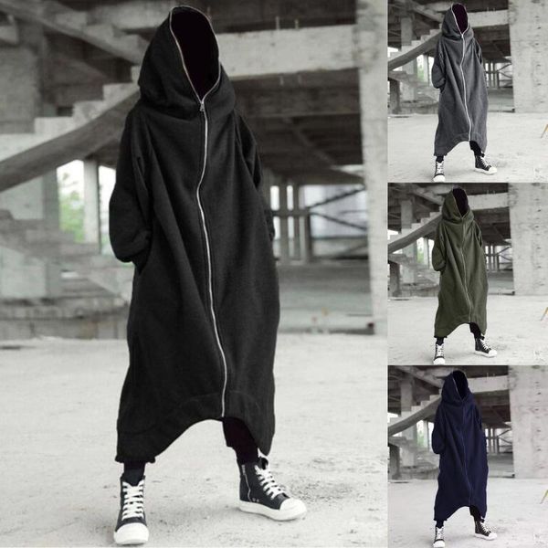 

men's hoodies & sweatshirts mens hooded sweatshirt jacket personality dark style full body zipper long coat 2021 solid color casual mal, Black