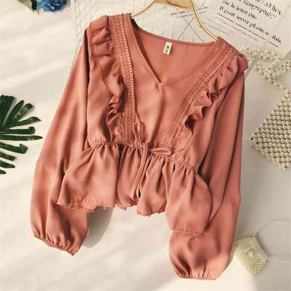 

spring autumn women's blouse korean v-neck puff sleeve splicing lace pure color waist ruffled chiffon female gx137 210507, White