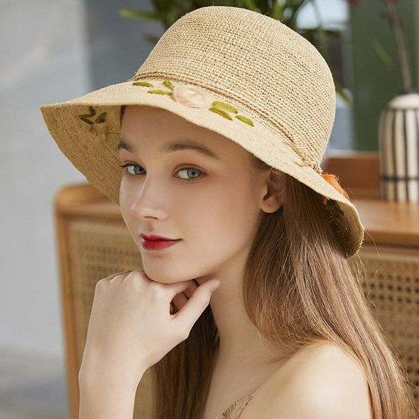 

wide brim hats rafi straw hat female summer simple silk flowerpot fisherman shopping outing crochet shading stall, Blue;gray