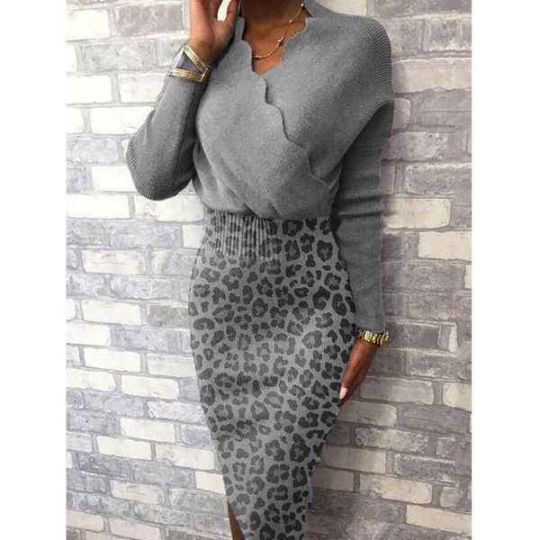 

casual dresses knitted for women midi sweater dress elastic high waist bodycon leopard print winter spring 2021, Black;gray