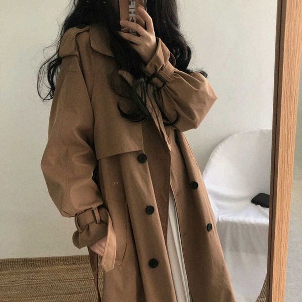 

spring women trench coat casual women's long outerwear loose overcoat with belt winter fashion double-breasted windbreaker black i8tt#