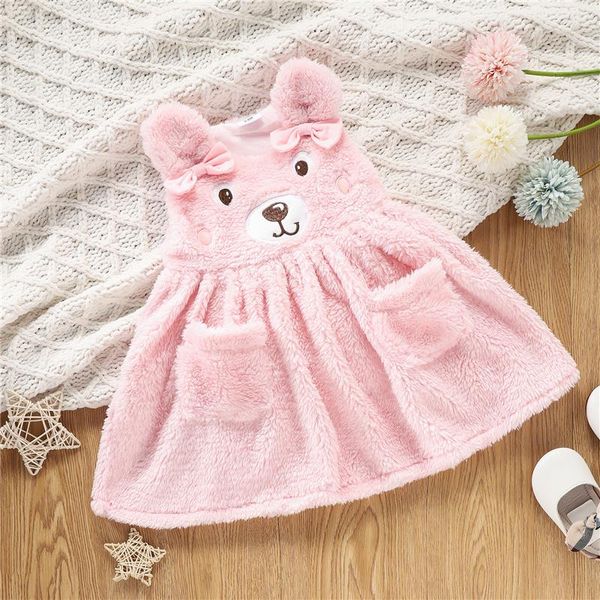 

girl's dresses baby girl soft plush tank dress for winter, cute sleeveless embroidery cartoon bear with pockets a-line dress, 3-24month, Red;yellow