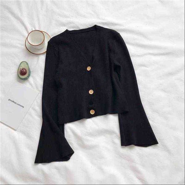 

womens knit women sweater cardigan fashion chic short thin v neck flare sleeve outer female gd049, White;black