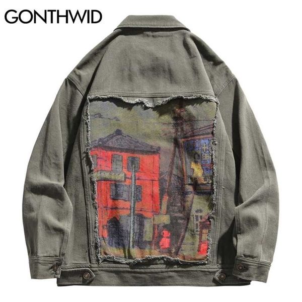 

gonthwid hip hop denim jacket streetwear mens vintage painting ripped jean coats harajuku autumn cotton jackets green khaki 211110, Black;brown