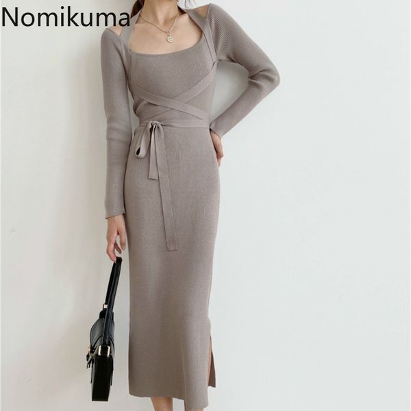 

nomikuma slash neck elegant slim stretch sweater bodycorn dreses korean bandage slim waist knitted vestidos women dress 6d319 210427, Black;gray
