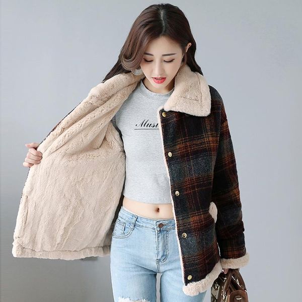 

women's trench coats fashion plaid long lambswool parka 2021 autumn winter women turndown collar thick warm cotton coat ja, Tan;black