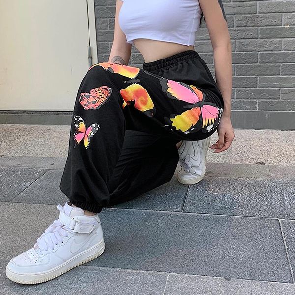 

women's pants & capris fashion butterfly pattern baggy women jogger sweatpants casual elastic high waist harem female hip hop streetwea, Black;white