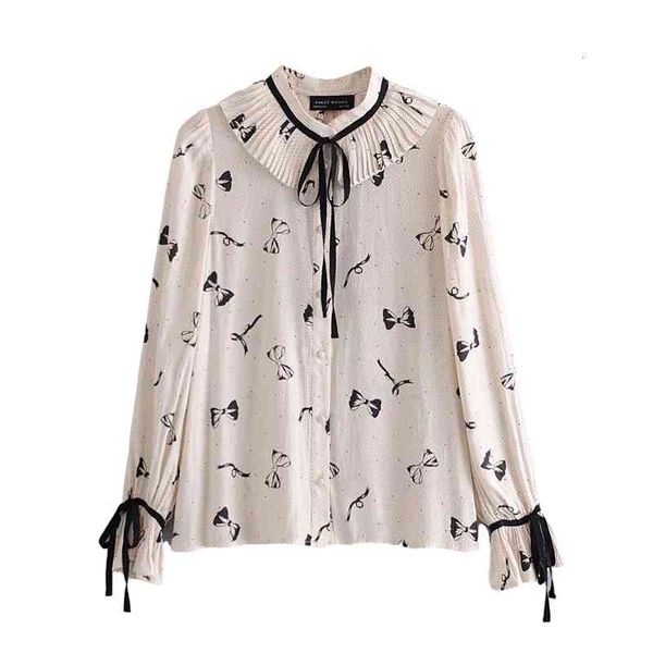 

women's knits & tees sweet women bow print shirts fashion ladies collar elegant female ruffles polka dot blouse chic girl g33, White