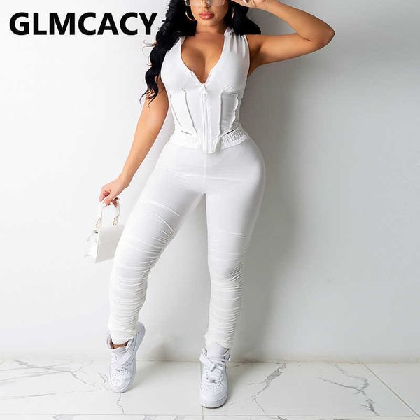 

women two piece casual jogger suits summer sleeveless hooded & slim solid pants set fitness suits 210702, White