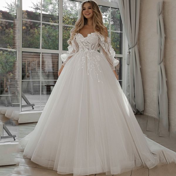 

2021 sweetheart appliques spaghetti straps long sleeve wedding dress lace up back tulle a-line bridal gown robes de mariÃ©es, White