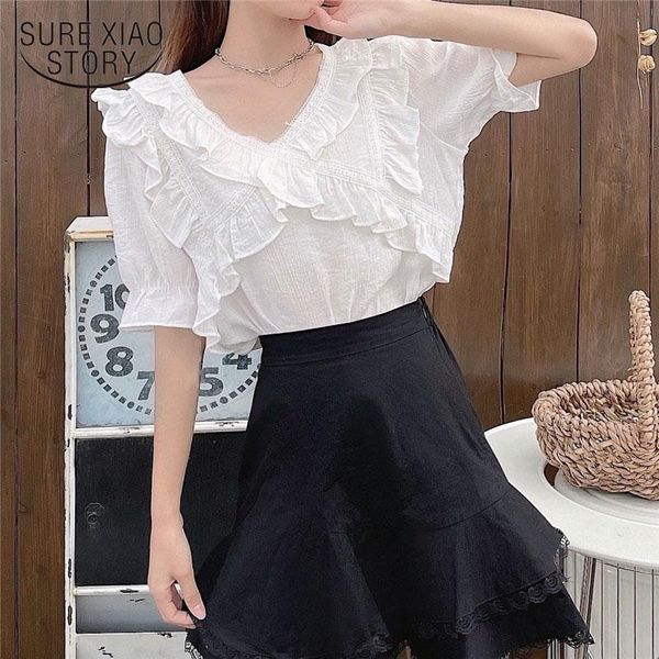 

women's blouses & shirts plus size women summer blouse loose sweet ruffles shirt v-neck pleated clothes short sleeve casual 14893, White