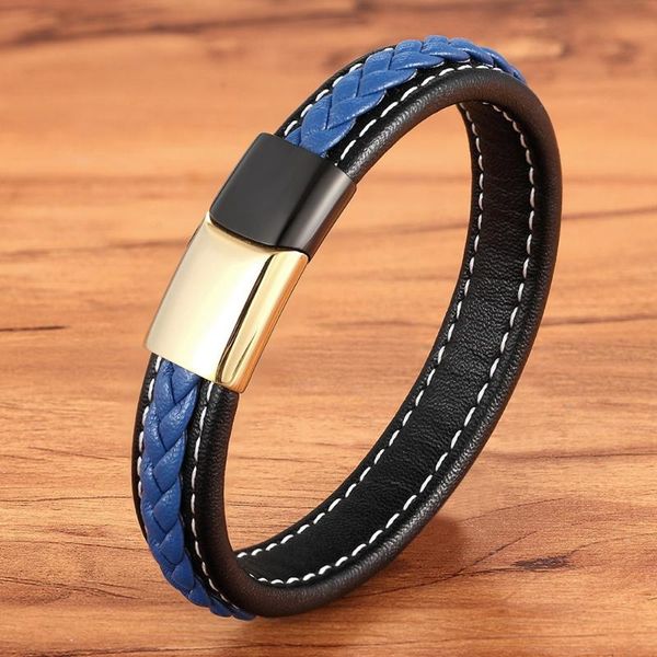 

stainless steel clasp men's bracelet blue black leather braided wrap bracelets christmas gift diy customization charm, Golden;silver