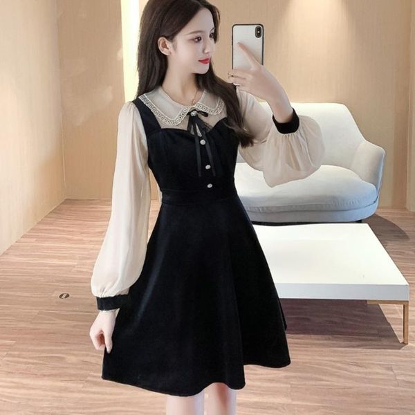 

casual dresses dstwjmx women high waist velvet elegant dress autumn 2021 design long sleeve collar lace patchwork slim, Black;gray
