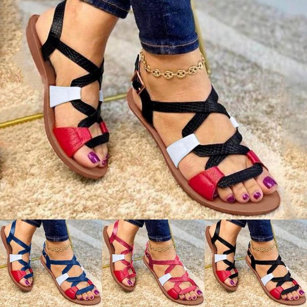 

sandals fashion summer women buckle strap open toe flat brelathabe ladies comfort bohemia beach shoes plus size d22#, Black