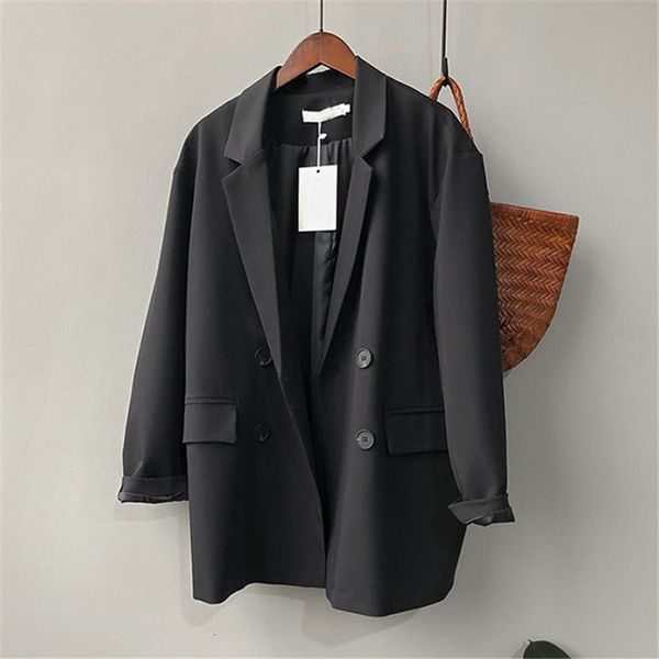

women's trench coats 2021 elegant color solid office blazer ladies double pocket breasted jacket loose long-sleeved casual long, Tan;black