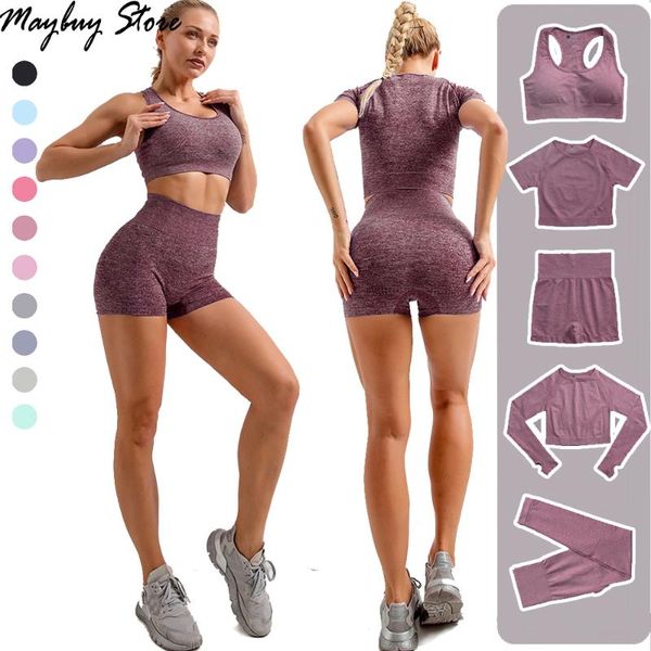 

yoga outfit 2pcs women set seamless workout sportswear pants long sleeve shirt short crop gym fitness clothing legging sports suits