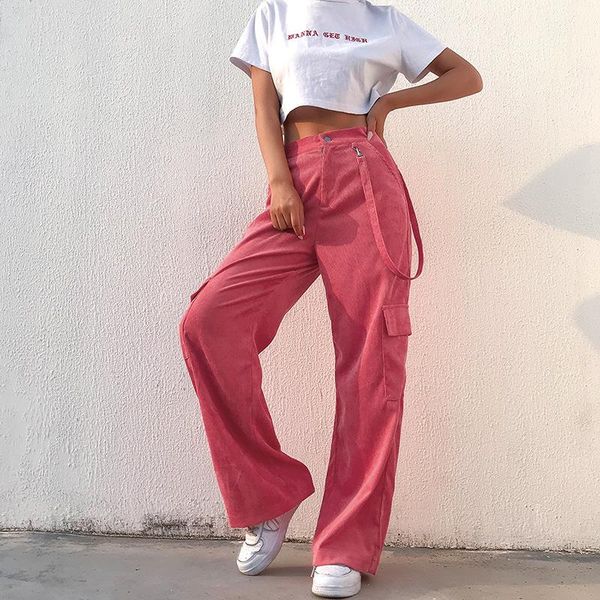 

fuedage solid pink casual pants women high waist button pockets wide leg female summer street straight long trousers 2021 women's & cap, Black;white