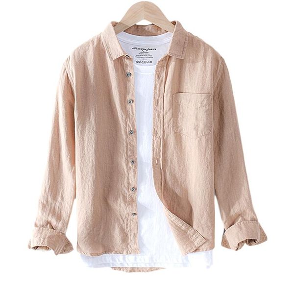 

men's casual shirts pure linen long sleeve for men turn-down collar basic classic male fashion solid color retro clothing 2021, White;black