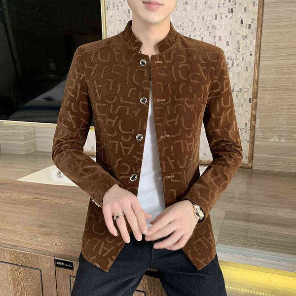 

luxury men's suits blazers men's zhongshan stand collar suit autumn and winter fashion printed breasted men's single wtern co, White;black