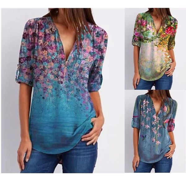 

summer v neck tshirt women's fashion print casual shirt boho vintage y2k half sleeve clothes plus size femme t-shirt, White