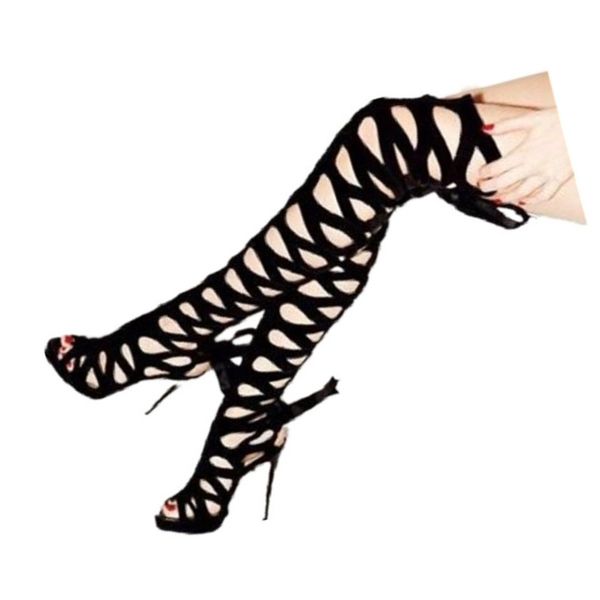 

handmade womens elegant classic high heel sandals cut-out thigh-high summer crisscross butterfly-knot black kid-suede fashion evening party