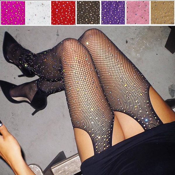 

women's glitter fishnet tights open crotch mesh pantyhose shiny rhinestone lady plus size nylons stockings socks & hosiery, Black;white