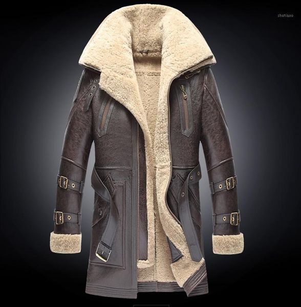 

men's jackets 2021 winter fashion lamb sheep fur sheepskin leather surface shearling wool lining middle long biker jacket coat, Black;brown