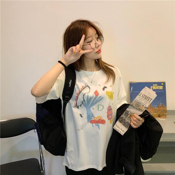 

t-shirt women half sleeve college japanese style funny cartoon loose leisure design comfortable stylish simple streetwear ins women's, White