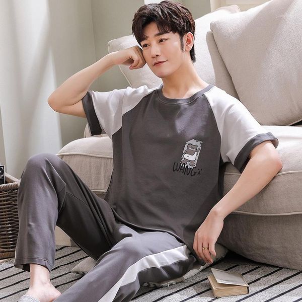 

spring summer cotton pajama set for men short sleeve long pants sleepwear suit pyjama male loungewear homewear home clothes men's, Black;brown