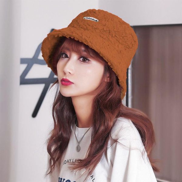 

wide brim hats korean version of lamb wool warm fisherman hat female autumn and winter japanese embroidered letter basin cap thickened, Blue;gray