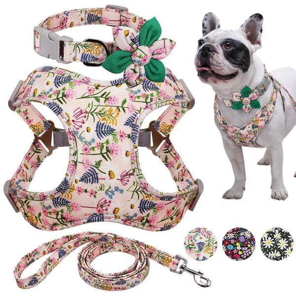 

flower printed dog collar harness leash set nylon small medium large dogs vest leashes for chihuahua puppy pet collars &