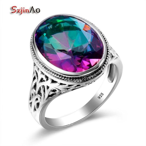 

cluster rings szjinao rainbow mystic z ring genuine 925 sterling silver big for women gemstone vintage female jewelry wife gift, Golden;silver