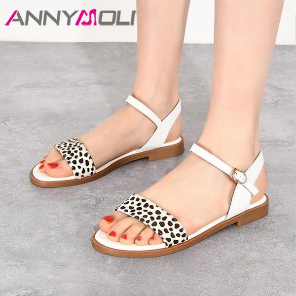 

women shoes sandals natural genuine leather flat leopard buckle strap open toe female beige 33-43, Black