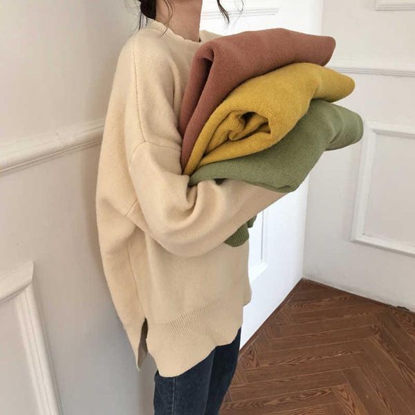 

women's knits & tees jacket female 2021 autumn korean round neck foreign style sweater college thick solid pure color t-shirt student, White