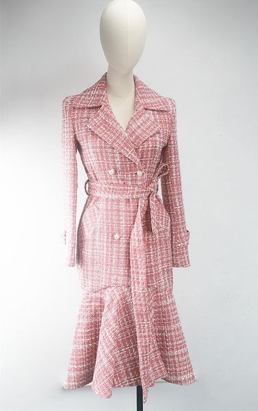 

women's trench coats chic elegant tweed coat 2021 autumn slim fit blet a586, Tan;black