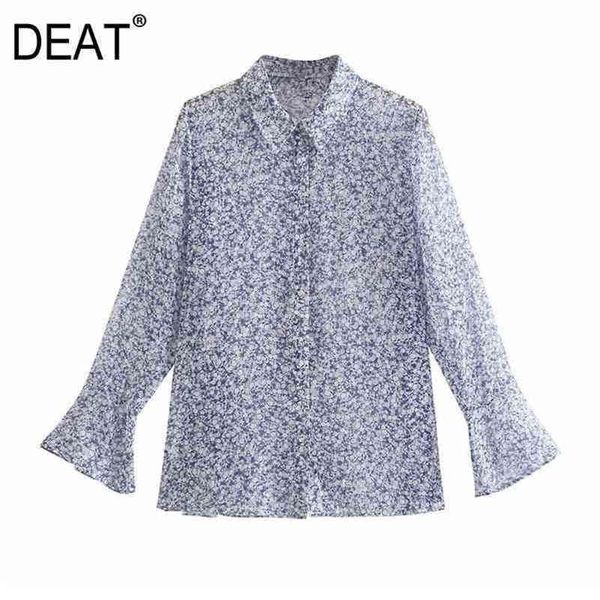 

[deat] summer fashion single-breasted flare sleeve printing turn-down collar loose elegant women shirt 13q024 210527, White