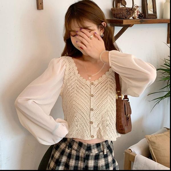 

elegant sweet patchwork puff sleeve women shirts autumn long loose v neck knit, White