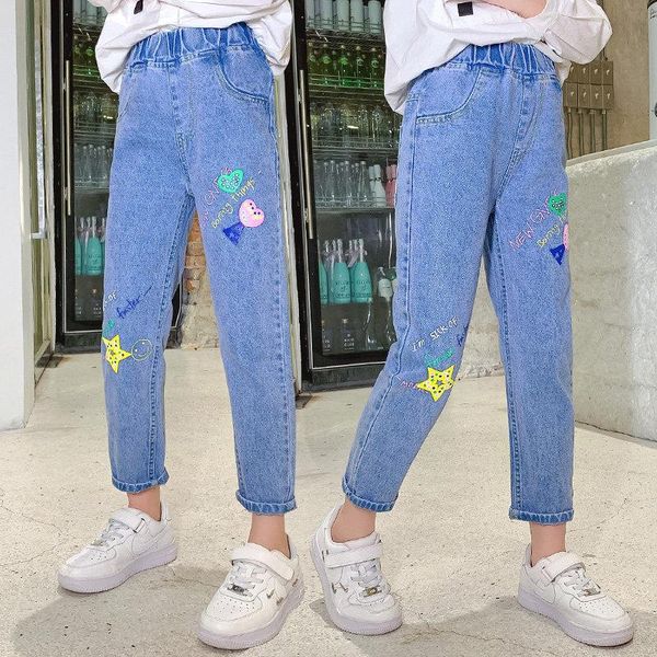 

jeans spring for girls cute pattern children's elastic waist kids denim pants girl casual autumn clothes 6 8 10y, Blue