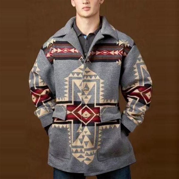 

men's jackets casual geometric printed long sleeve turn-down collar pocket coat windbreaker outwear clothing male, Black;brown