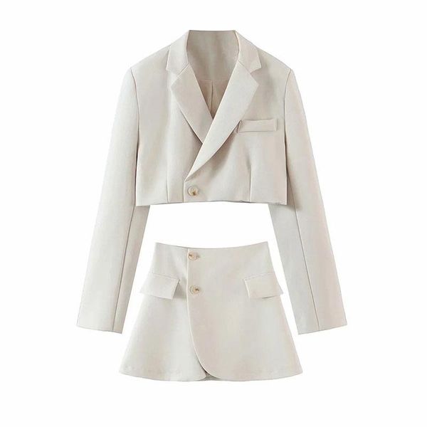 

two piece dress women's english short suit with lapel and one button coat + wrap body a-line skirt fashion, White