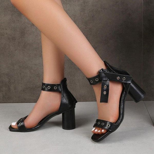 

sandals women's 2021 summer high heel square toe chunky large size cross-border shoes a836, Black