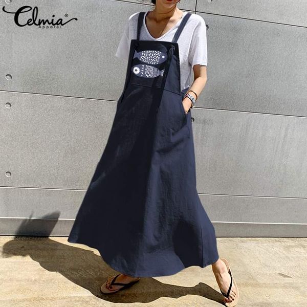 

casual dresses celmia women sleeveless apron dress summer harajuku cute fish printed sundress cotton streetwear maxi vestidos robe, Black;gray